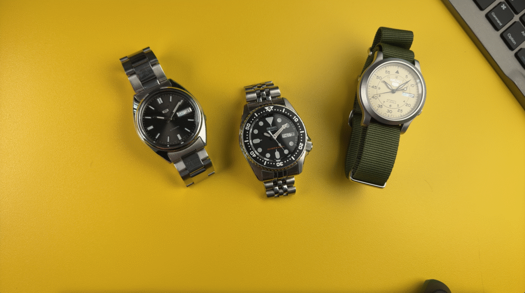 From left: Seiko SNXS79, Seiko SKX013, Seiko SNK803